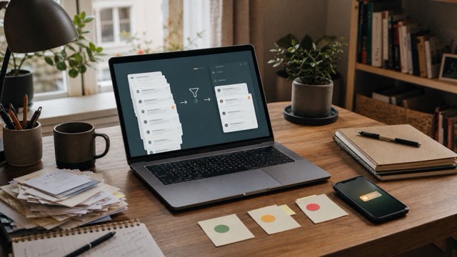 An image of a laptop on a desk surrounded by paper files, notebooks and a mug of coffee
